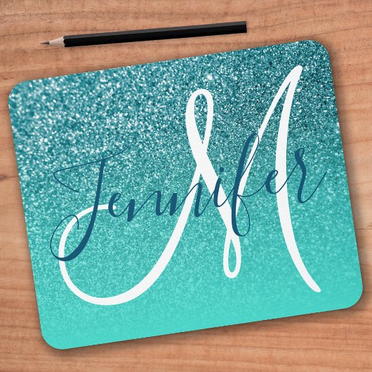 Turquoise Ombre Blauwgroen Faux Glitter Monogram Muismat
