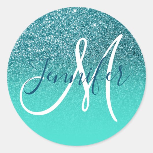 Turquoise Ombre Blauwgroen faux glitter monogram Ronde Sticker (Voorkant)