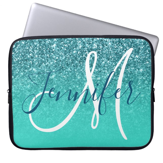 Turquoise Ombre Blauwgroen Glitter Gepersonaliseer Laptop Sleeve (Voorkant)