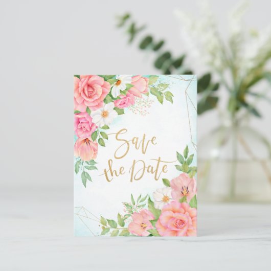 Turquoise Ombre Bloemstuk Rozen Save The Date Uitnodiging Briefkaart (Staand voorkant)