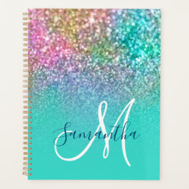Turquoise Ombre Colorful Mermaid Glitter Monogram Planner