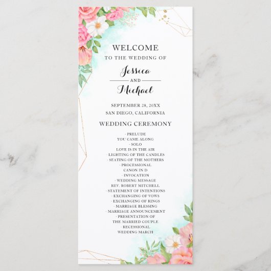 Turquoise Ombre Floral Bouquet Pink Rose Wedding Programmakaart (Voorkant)