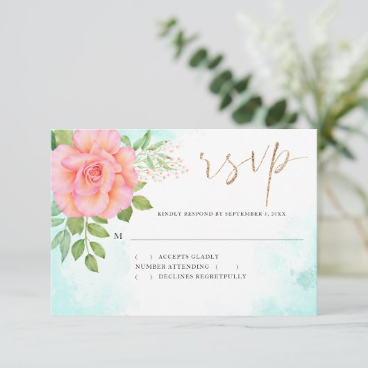 Turquoise Ombre Floral Bouquet Pink Rose Wedding RSVP Kaartje (Staand voorkant)