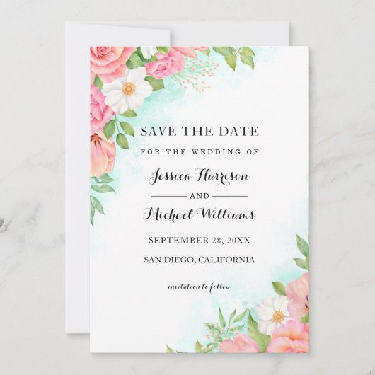 Turquoise Ombre Floral Bouquet Roos Wedding Save The Date (Voorkant)