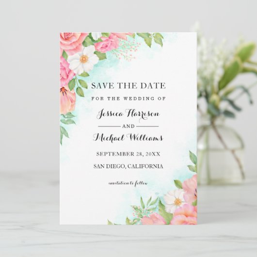 Turquoise Ombre Floral Bouquet Roos Wedding Save The Date (Staand voorkant)