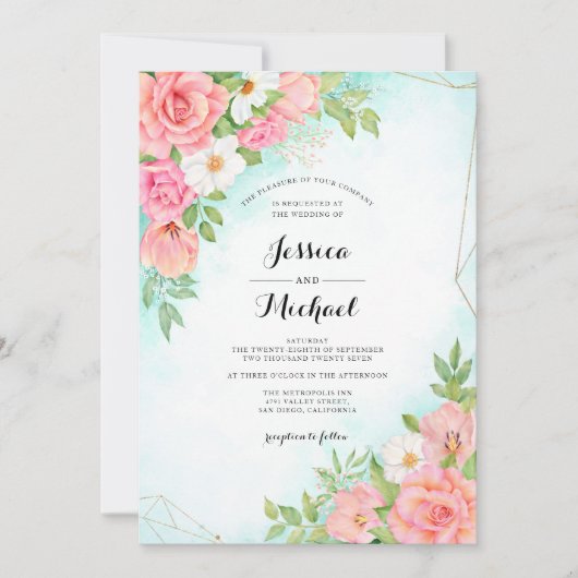 Turquoise Ombre Floral Lijst Waterverf Wedding Kaart (Voorkant)