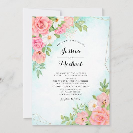 Turquoise Ombre Floral Waterverf Roos Wedding Kaart (Voorkant)