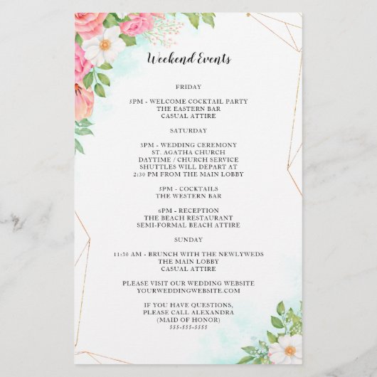 Turquoise Ombre Floral Wedding Welcome Itinerary (Achterkant)
