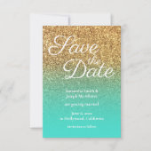Turquoise Ombre Gold Glitter Photo Save the Date Kaart (Voorkant)