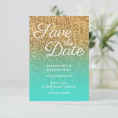Turquoise Ombre Gold Glitter Photo Save the Date Kaart (Staand voorkant)