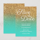 Turquoise Ombre Gold Glitter Photo Save the Date Kaart (Voorkant / Achterkant)