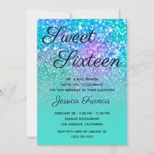 Turquoise Ombre Mermaid Glitter Sweet Sixteen Kaart
