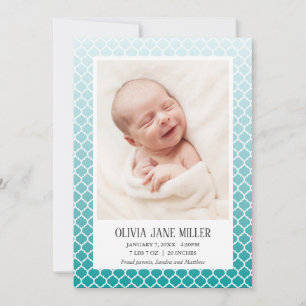 Turquoise Ombre Quatrefoil Baby Birth Announement Aankondiging