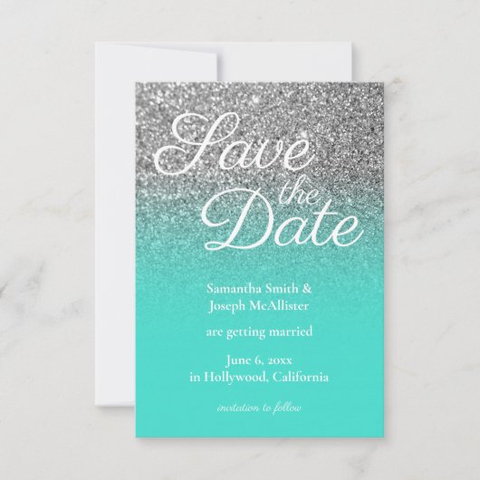 Turquoise Ombre Silver Glitter Save the Date Kaart (Voorkant)