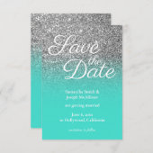 Turquoise Ombre Silver Glitter Save the Date Kaart (Voorkant / Achterkant)