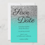 Turquoise Ombre Silver Glitter Save the Date Kaart (Voorkant)