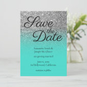 Turquoise Ombre Silver Glitter Save the Date Kaart (Staand voorkant)