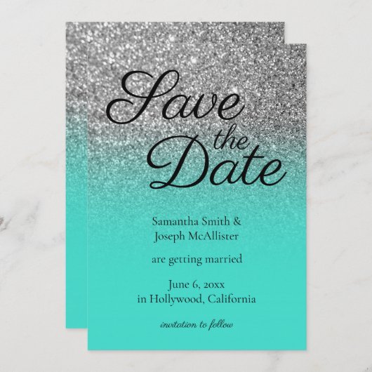 Turquoise Ombre Silver Glitter Save the Date Kaart (Voorkant / Achterkant)