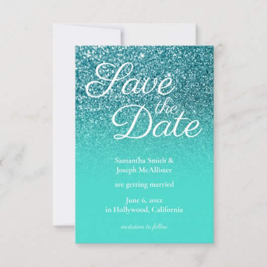 Turquoise Ombre Teal Glitter Bewaar de Datum Kaart (Voorkant)