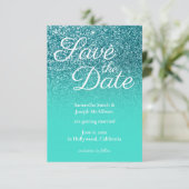 Turquoise Ombre Teal Glitter Bewaar de Datum Kaart (Staand voorkant)