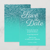 Turquoise Ombre Teal Glitter Bewaar de Datum Kaart (Voorkant / Achterkant)