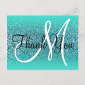 Turquoise  Ombre Teal Glitter Monogram Bedankt Briefkaart (Voorkant)