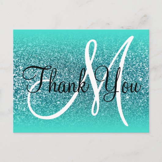 Turquoise  Ombre Teal Glitter Monogram Bedankt Briefkaart (Voorkant)