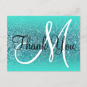 Turquoise  Ombre Teal Glitter Monogram Dank Je Wel Briefkaart
