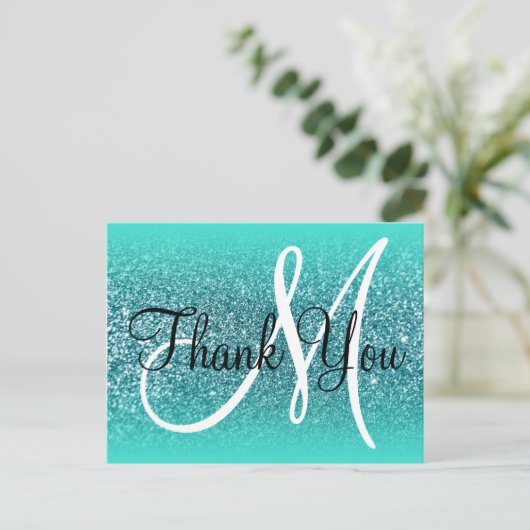 Turquoise  Ombre Teal Glitter Monogram Hartelijk B Briefkaart (Staand voorkant)