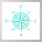Turquoise on White Coastal Decor Compass Roos Poster (Voorkant)