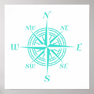 Turquoise on White Coastal Decor Compass Roos Poster