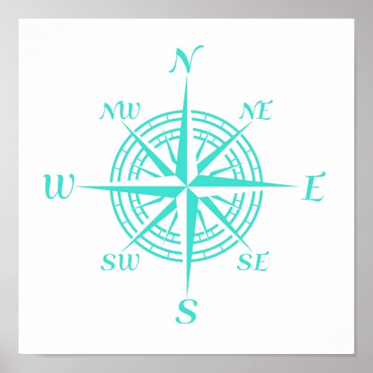 Turquoise on White Coastal Decor Compass Roos Poster (Voorkant)
