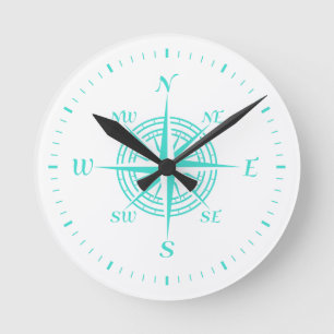 Turquoise on White Coastal Decor Compass Roos Ronde Klok