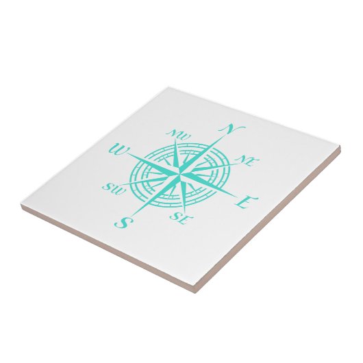 Turquoise on White Coastal Decor Compass Roos Tegeltje (Zijkant)