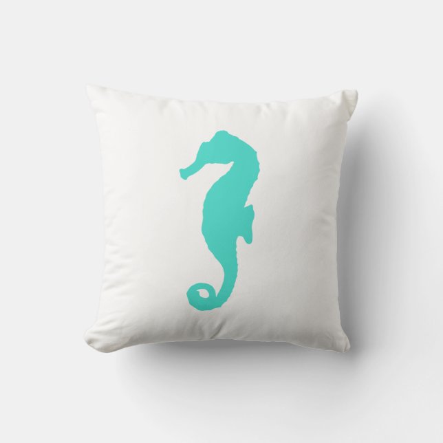 Turquoise on White Coastal Decor Seahorse Kussen (Voorkant)