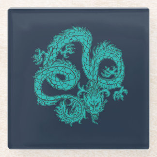 Turquoise Oosterse Draak Marineblauw Papieren Onde Glazen Onderzetter