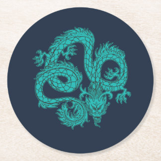 Turquoise Oosterse Draak Marineblauw Papieren Onde Ronde Kartonnen Onderzetter