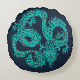 Turquoise Oosterse Draak Marineblauw Rond Kussen
