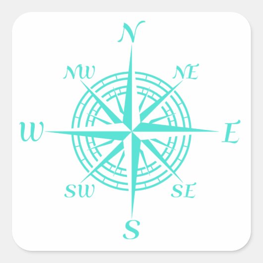 Turquoise op White Compass Roos Vierkante Sticker (Voorkant)