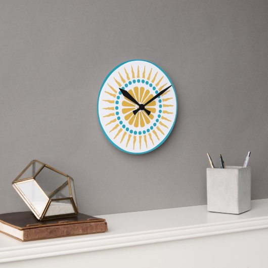 Turquoise Orange Sunburst Wall Clock Ronde Klok (Kantoor)