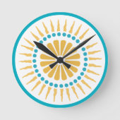 Turquoise Orange Sunburst Wall Clock Ronde Klok (Voorkant)