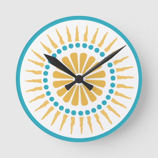 Turquoise Orange Sunburst Wall Clock Ronde Klok (Voorkant)