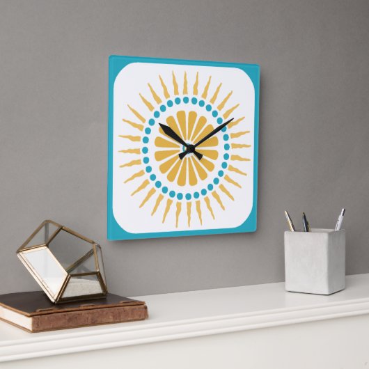 Turquoise Orange Sunburst Wall Clock Vierkante Klok (Kantoor)