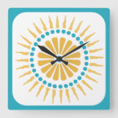 Turquoise Orange Sunburst Wall Clock Vierkante Klok (Voorkant)