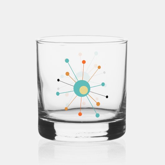 Turquoise Oranje Atomic Age Starburst midden eeuw Whisky Glas (Voorkant)