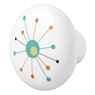 Turquoise Oranje Atomic Starburst midden eeuw Keramische Knop