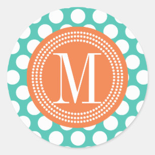 Turquoise & Oranje   Big Polka Dots Monogramed Ronde Sticker