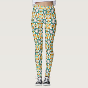Turquoise Oranje Bloem Geometrisch Patroon Leggings