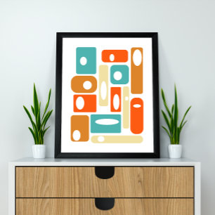Turquoise Oranje Cream Squares Mid-eeuwse Moderne Poster
