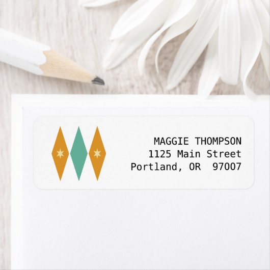 Turquoise Oranje Cream Stars Diamonds midden eeuw Etiket (Insitu)